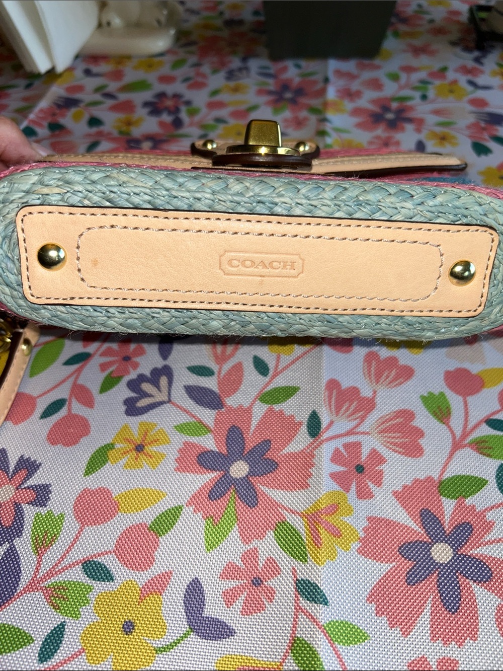 Coach Multicolor Woven Straw Clutch with Gold-Tone Turn Lock - Picture 14 of 16